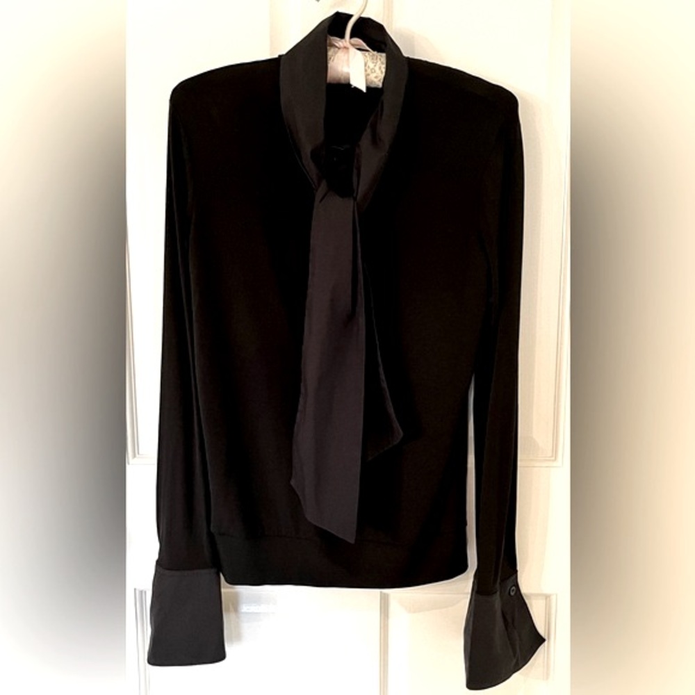 Lida Baday black jersey blouse, cotton tie, half placket, pleated cuffs. Sz M